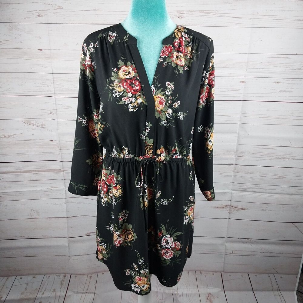 Ann Taylor LOFT Black Dress Wildflower Dark Floral Print Womens Sz S Long Sleeve